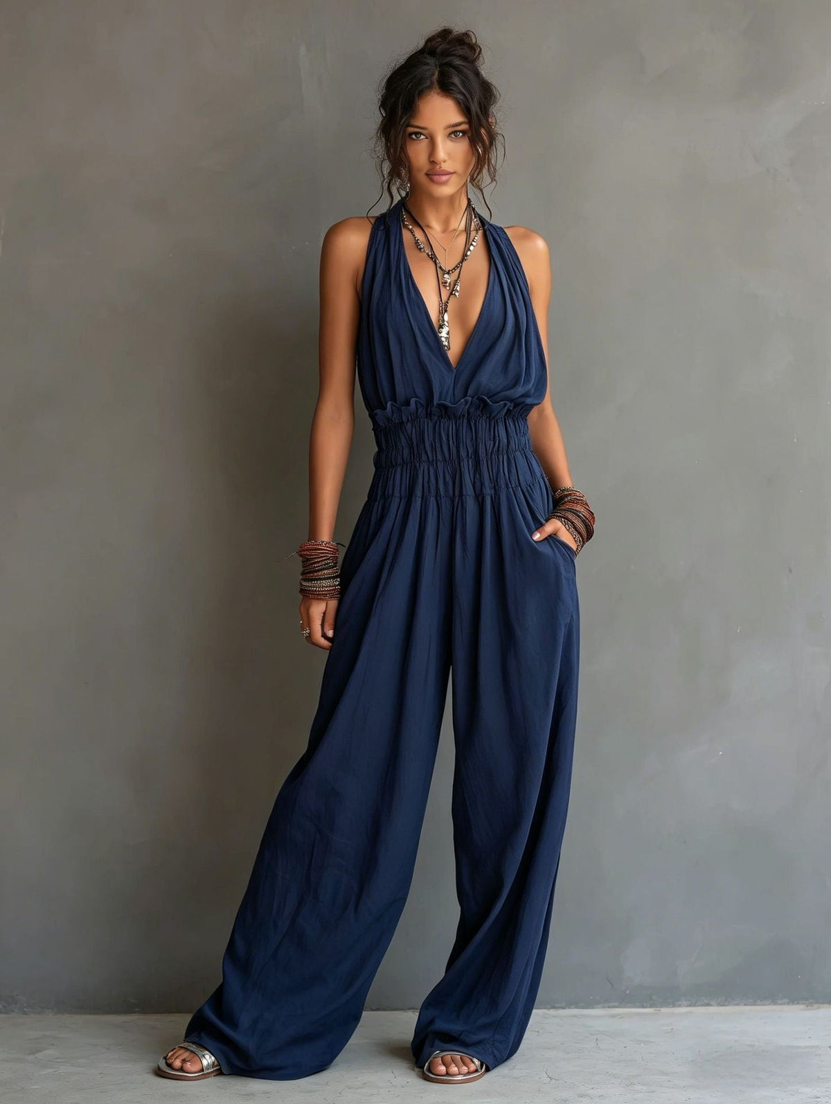 Halter Deep V Smocked Elastic Waist Wide Leg Palazzo Jumpsuit