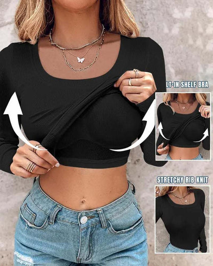 Haut à manches longues côtelé pour femme, col en U avec soutien-gorge intégré, coupe élégante et moulante, tissu extensible