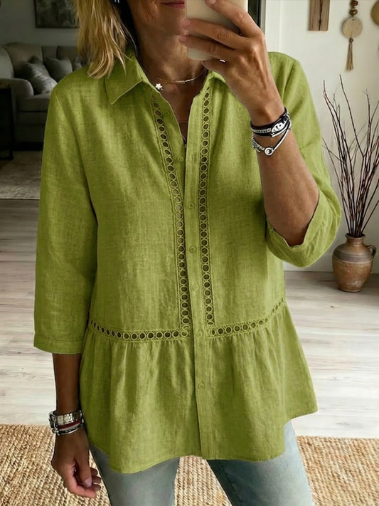 Chemise décontractée en lin et coton à patchwork, ajourée et à bande tissée
