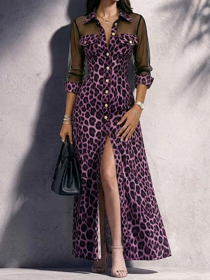 Leopard Print Mesh Sleeve Maxi Shirt Dress