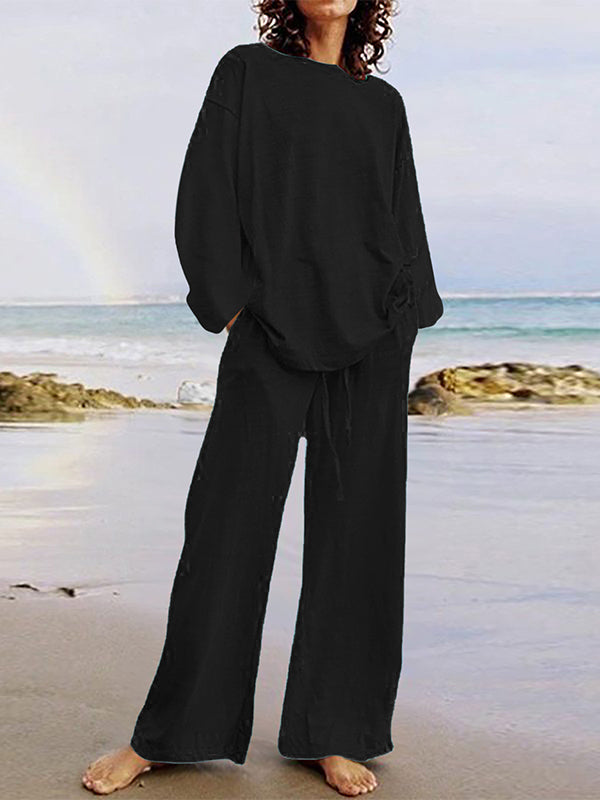 Ensemble deux pièces : haut chemise à manches longues ample col rond couleur unie + pantalon à cordon taille