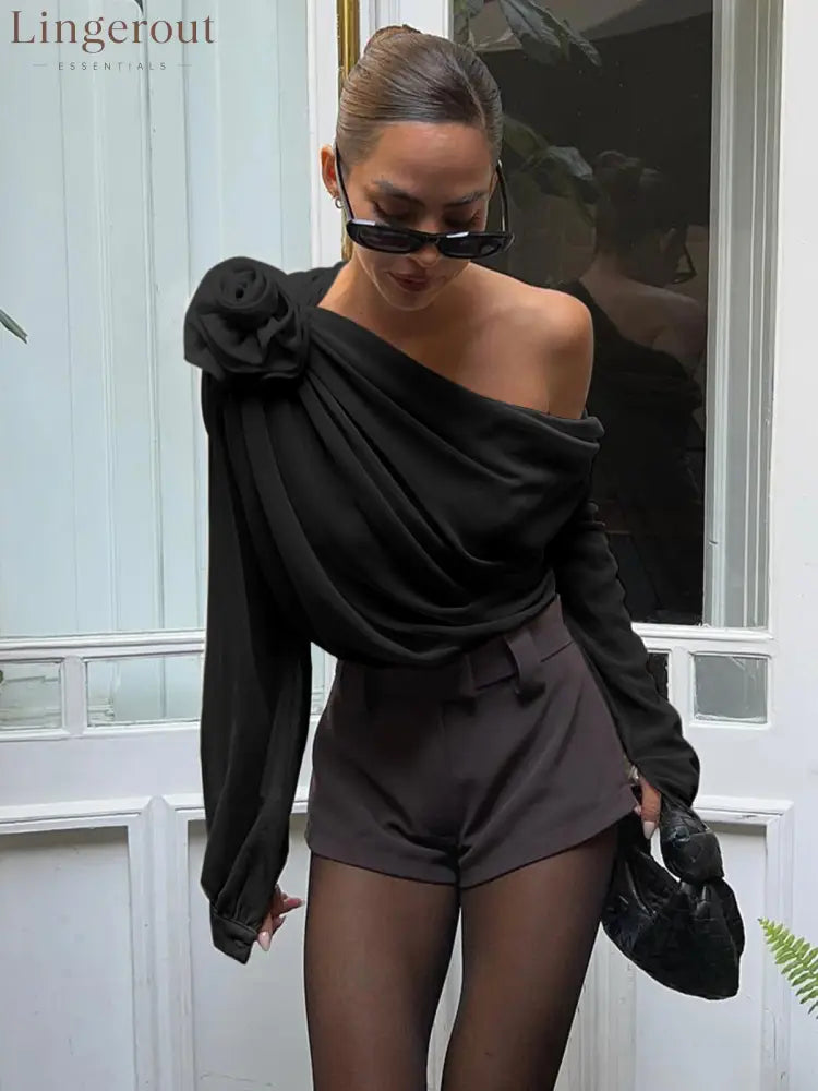 Chiffon Semi-Sheer One Shoulder Asymmetrical Blouse - Black / S