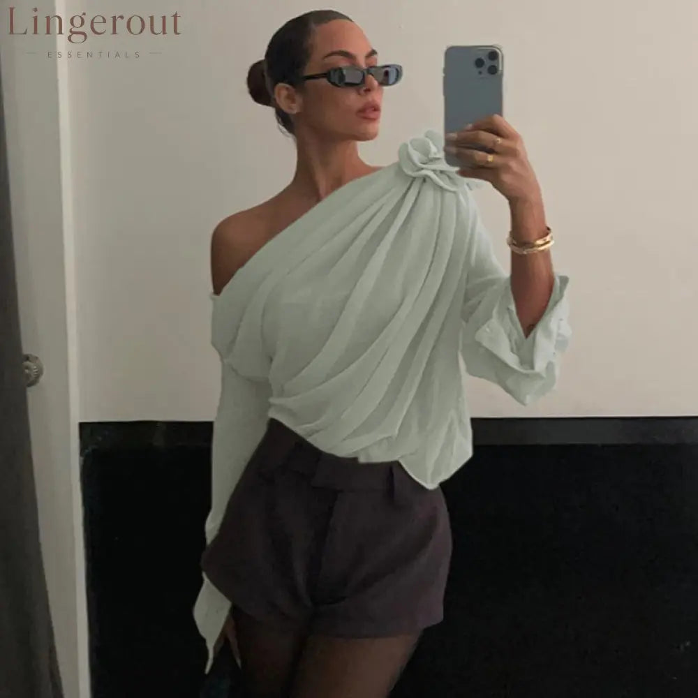 Chiffon Semi-Sheer One Shoulder Asymmetrical Blouse - Green / S