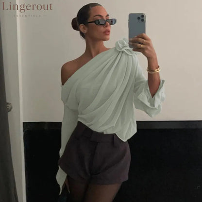 Chiffon Semi-Sheer One Shoulder Asymmetrical Blouse - Green / S
