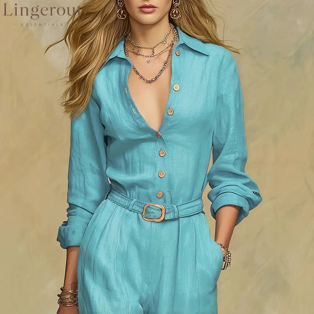 Classic Collared Belted Linen Blend Wide Leg Jumpsuit