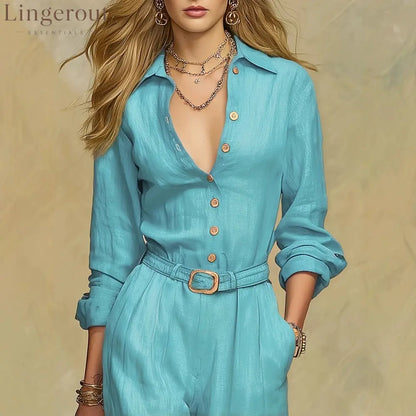 Classic Collared Belted Linen Blend Wide Leg Jumpsuit