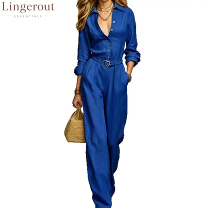 Classic Collared Belted Linen Blend Wide Leg Jumpsuit