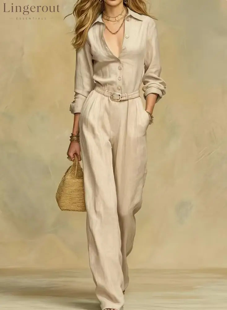 Classic Collared Belted Linen Blend Wide Leg Jumpsuit - Apricot / S