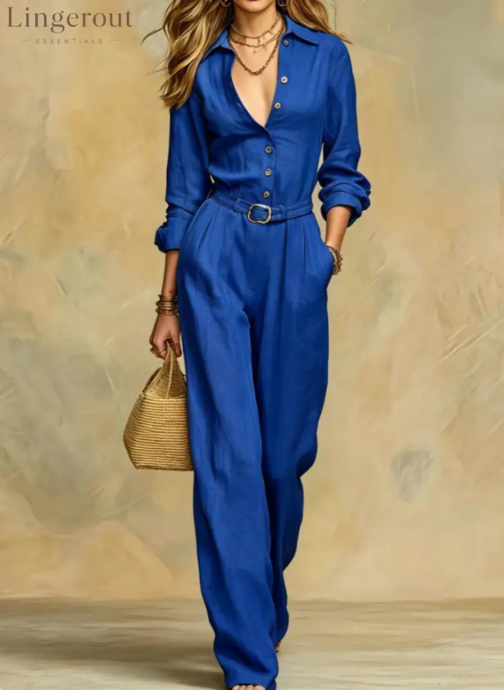 Classic Collared Belted Linen Blend Wide Leg Jumpsuit - Blue / S