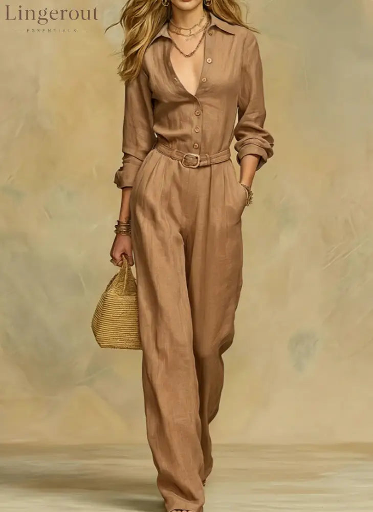 Classic Collared Belted Linen Blend Wide Leg Jumpsuit - Khaki / S