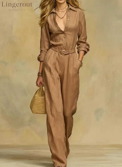 Classic Collared Belted Linen Blend Wide Leg Jumpsuit - Khaki / S