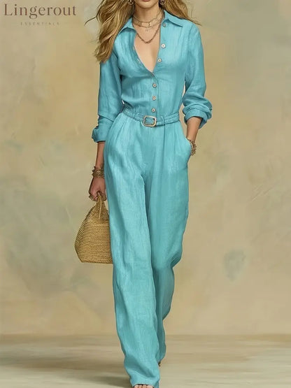 Classic Collared Belted Linen Blend Wide Leg Jumpsuit - Mint Blue / S
