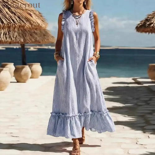 🌊 Coastal Striped Ruffle Maxi Dress