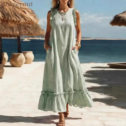 🌊 Coastal Striped Ruffle Maxi Dress