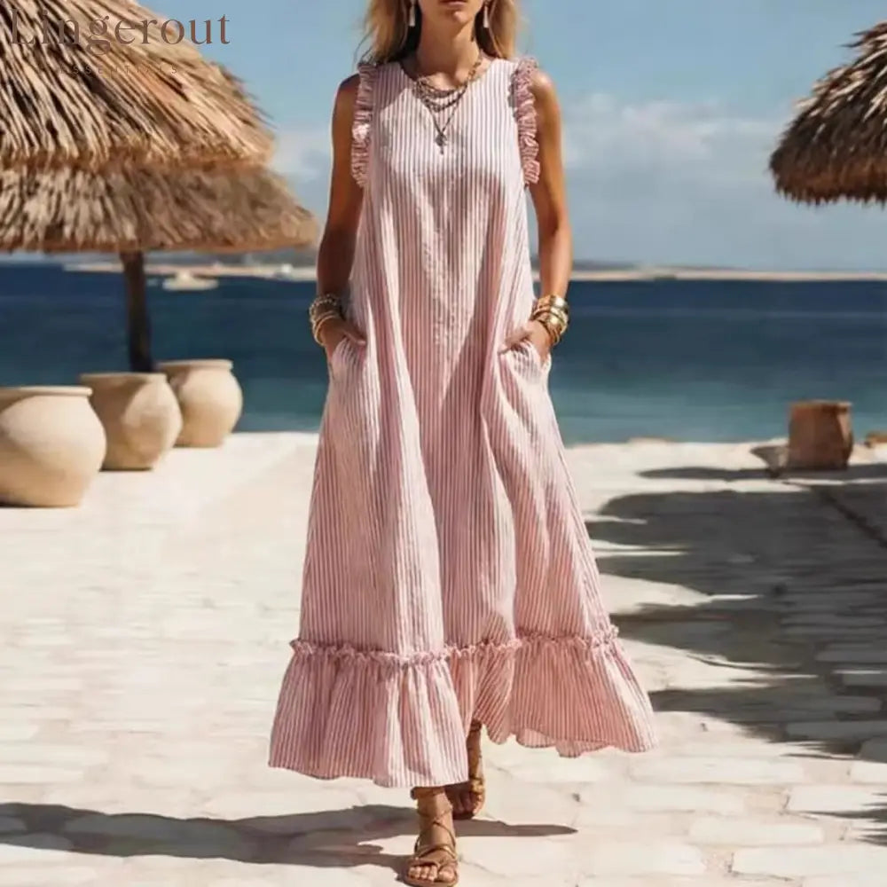 🌊 Coastal Striped Ruffle Maxi Dress