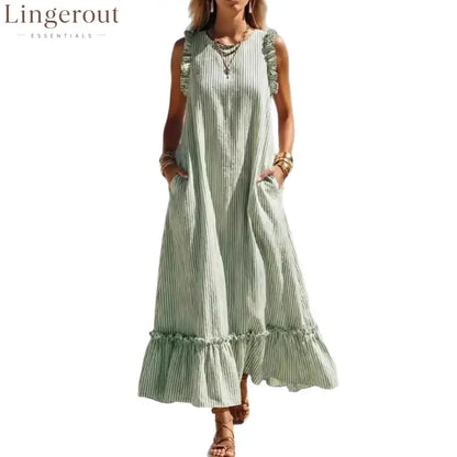 🌊 Coastal Striped Ruffle Maxi Dress