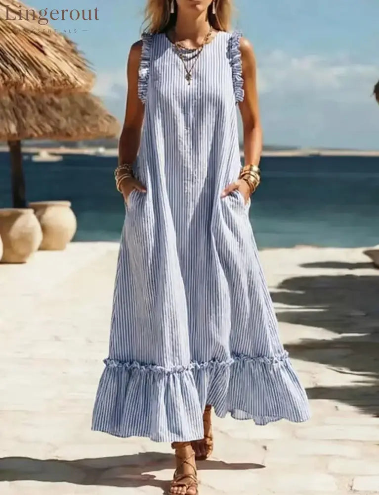 🌊 Coastal Striped Ruffle Maxi Dress - Blue / S