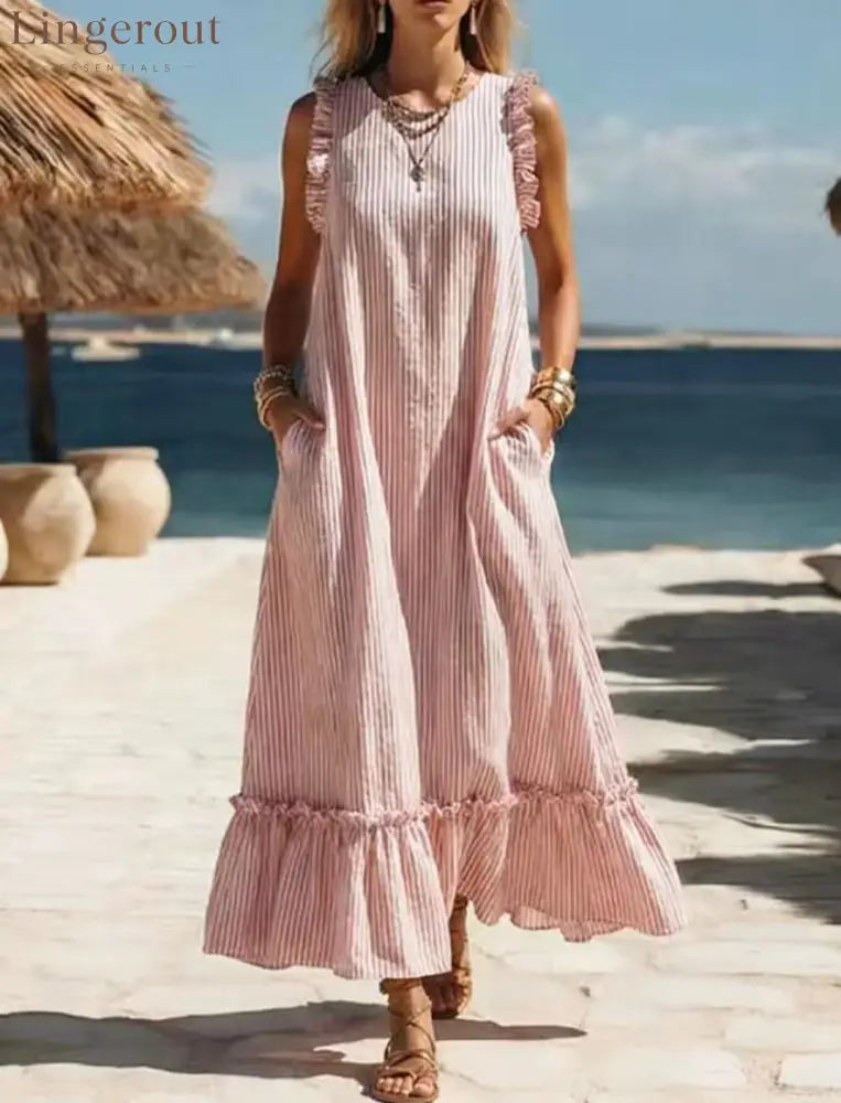 🌊 Coastal Striped Ruffle Maxi Dress - Pink / S