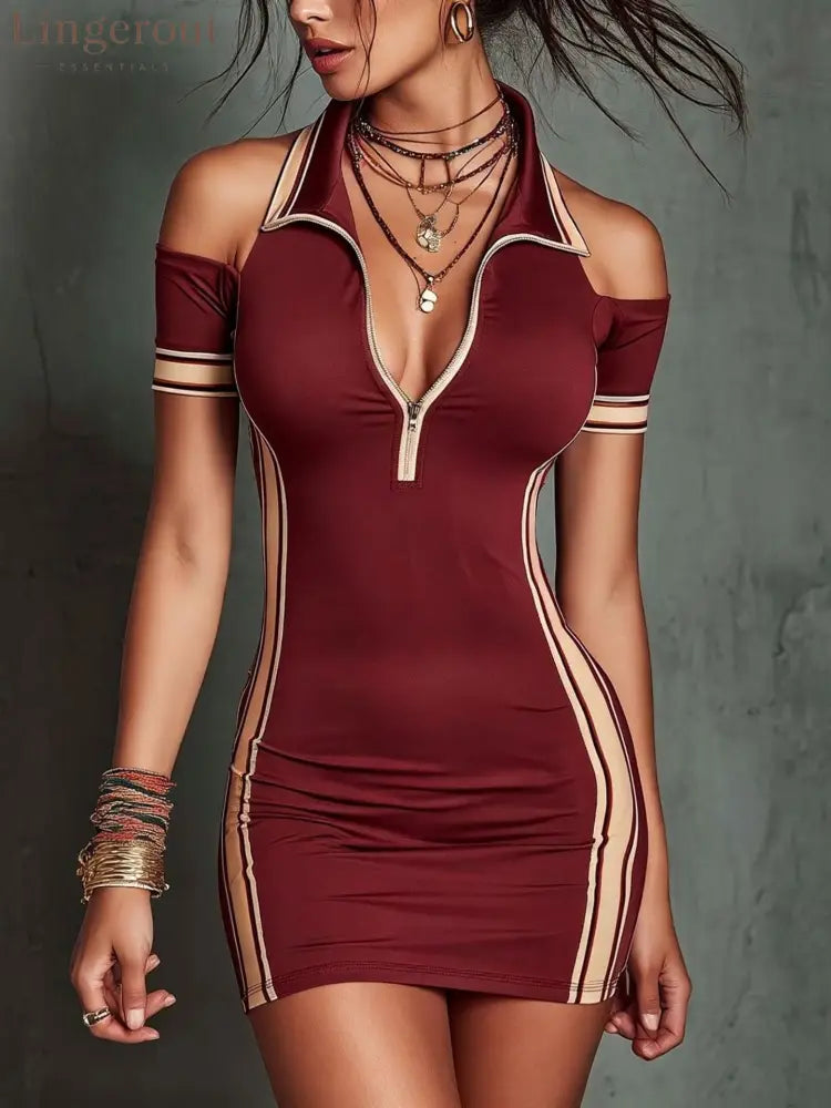 Cold Shoulder Half-Zip Polo Bodycon Mini Dress - Burgundy / S