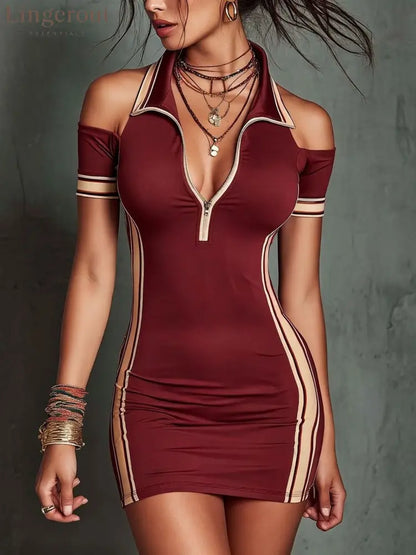 Cold Shoulder Half-Zip Polo Bodycon Mini Dress - Burgundy / S