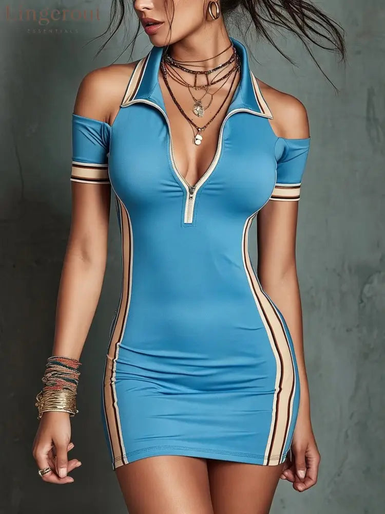 Cold Shoulder Half-Zip Polo Bodycon Mini Dress - Sea blue / S
