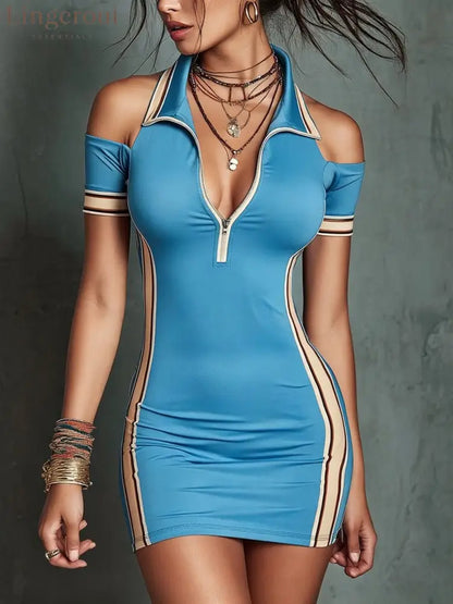 Cold Shoulder Half-Zip Polo Bodycon Mini Dress - Sea blue / S