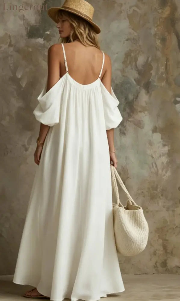 Cold Shoulder Puff Sleeve Pocketed Flowy White Maxi Caftan Dress