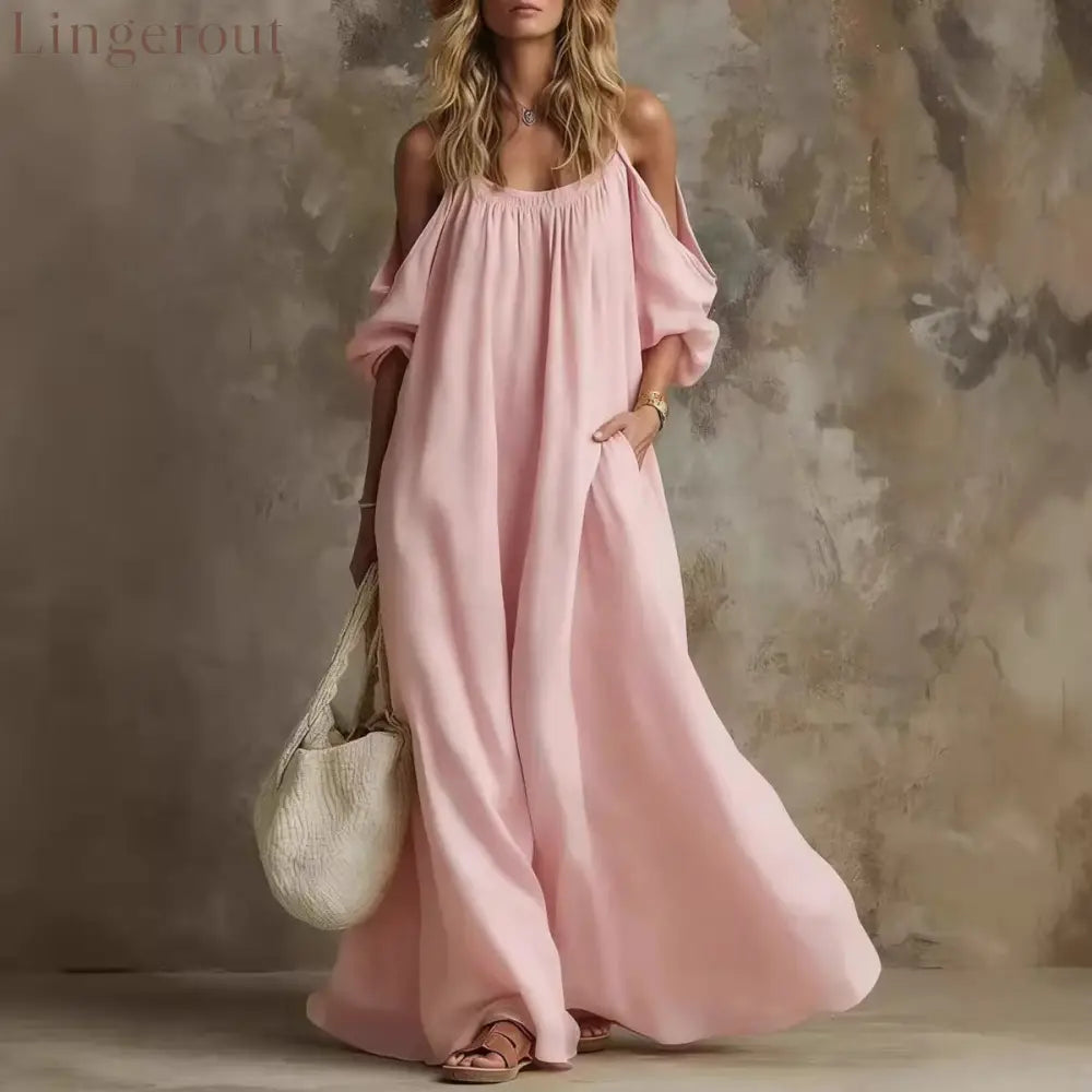 Cold Shoulder Puff Sleeve Pocketed Flowy White Maxi Caftan Dress - Pink / S