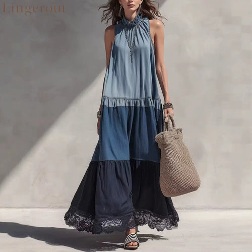 Color Block Tiered Chambray Lace Hem Maxi Dress