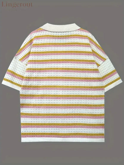 Colorful Striped Button Up Top and Shorts Sweater Set