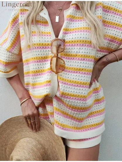 Colorful Striped Button Up Top and Shorts Sweater Set