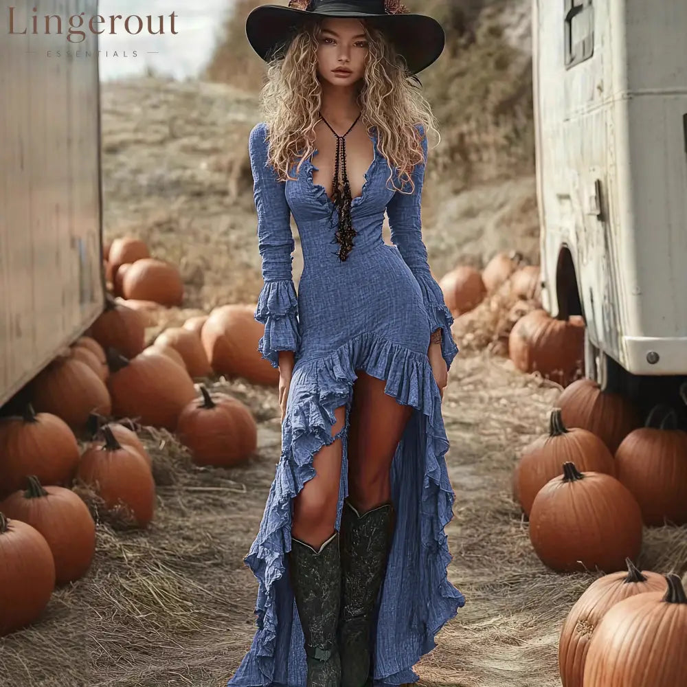 Crinkle Fabric Deep V Ruffle Long Sleeve High Low Slit Bodycon Maxi Dress