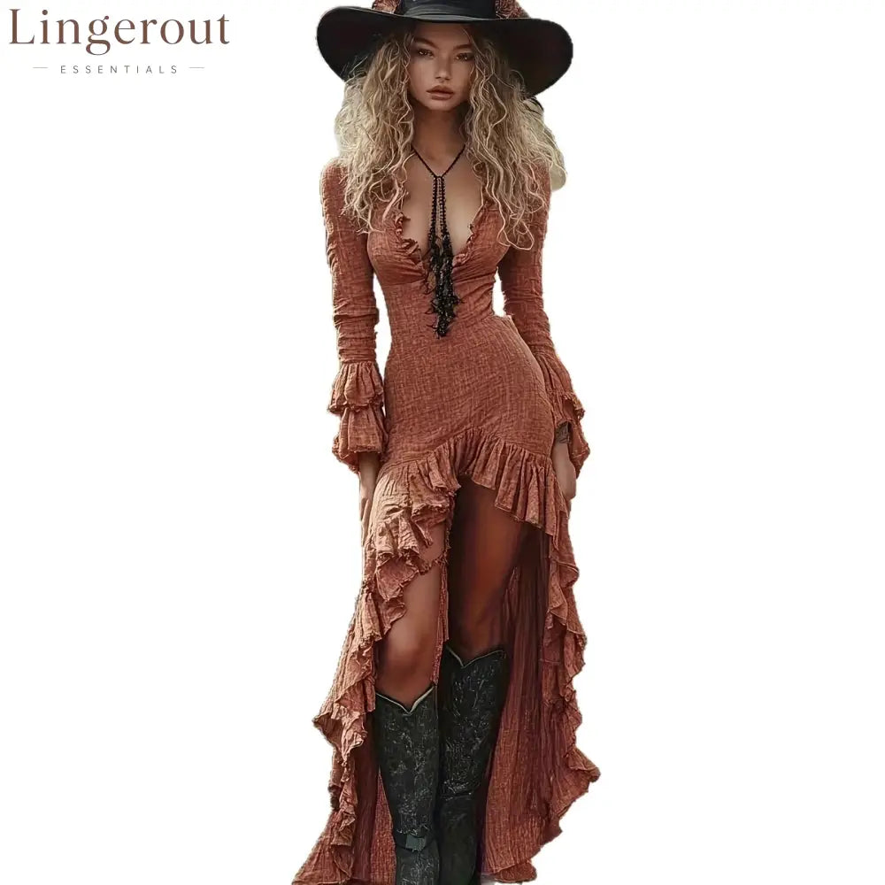 Crinkle Fabric Deep V Ruffle Long Sleeve High Low Slit Bodycon Maxi Dress