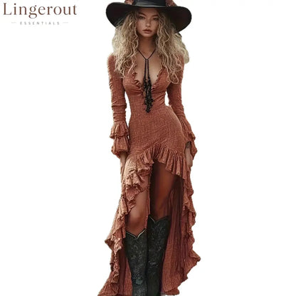 Crinkle Fabric Deep V Ruffle Long Sleeve High Low Slit Bodycon Maxi Dress