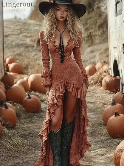 Crinkle Fabric Deep V Ruffle Long Sleeve High Low Slit Bodycon Maxi Dress - Amber / S