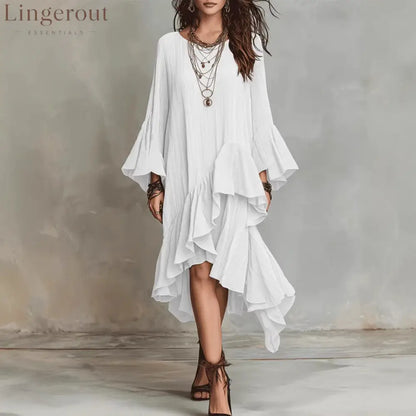 Crinkled Textured Oversized Bell Sleeve Asymmetrical Ruffle High Low Midi Dress