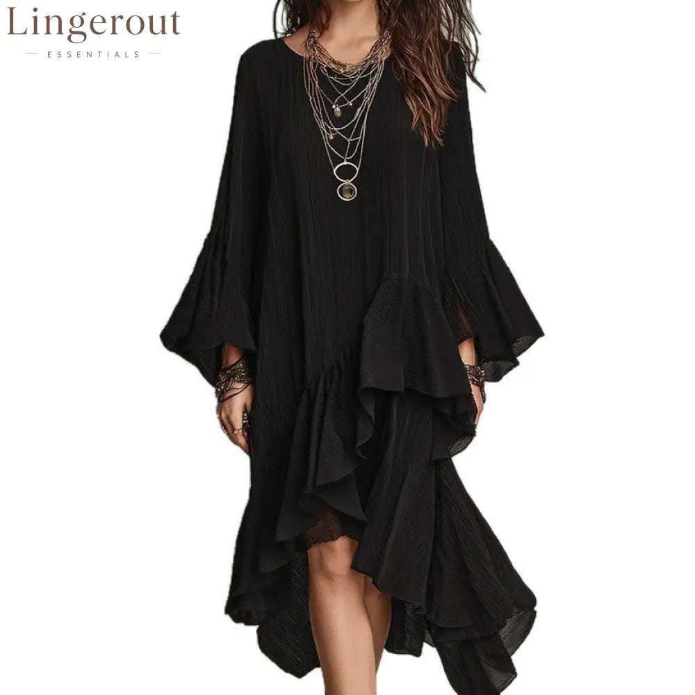 Crinkled Textured Oversized Bell Sleeve Asymmetrical Ruffle High Low Midi Dress