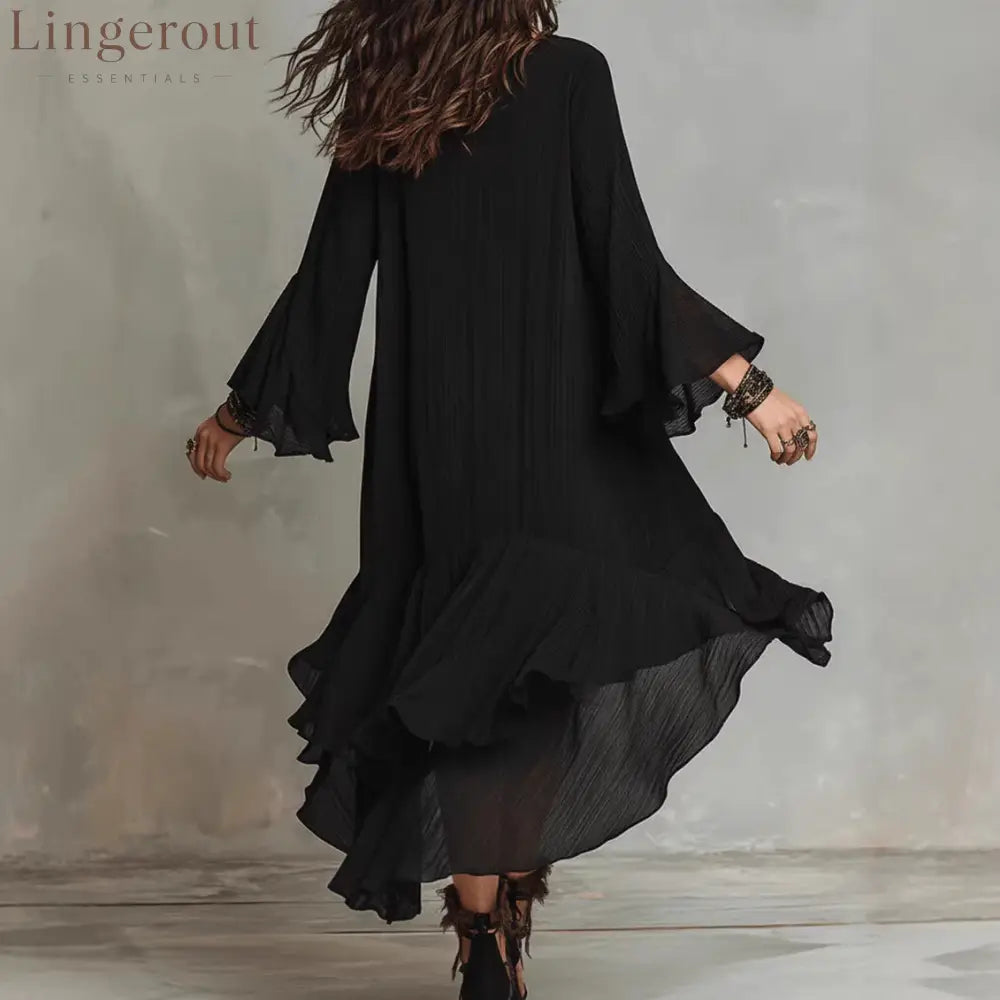 Crinkled Textured Oversized Bell Sleeve Asymmetrical Ruffle High Low Midi Dress