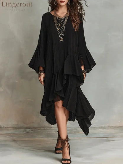 Crinkled Textured Oversized Bell Sleeve Asymmetrical Ruffle High Low Midi Dress - Black / XS