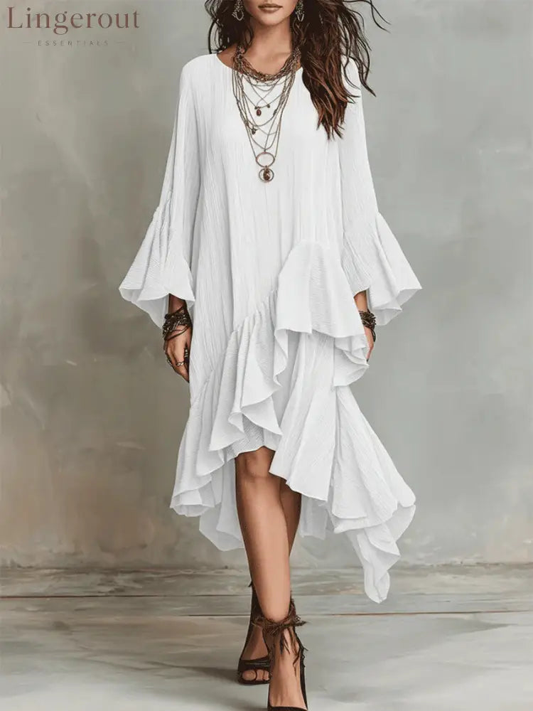 Crinkled Textured Oversized Bell Sleeve Asymmetrical Ruffle High Low Midi Dress - White / XS