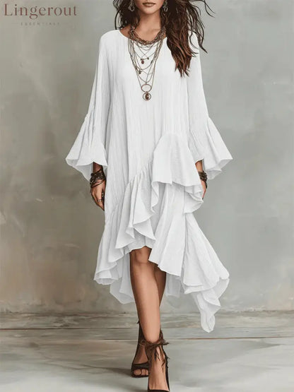 Crinkled Textured Oversized Bell Sleeve Asymmetrical Ruffle High Low Midi Dress - White / XS