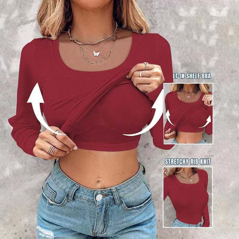 Haut à manches longues côtelé pour femme, col en U avec soutien-gorge intégré, coupe élégante et moulante, tissu extensible