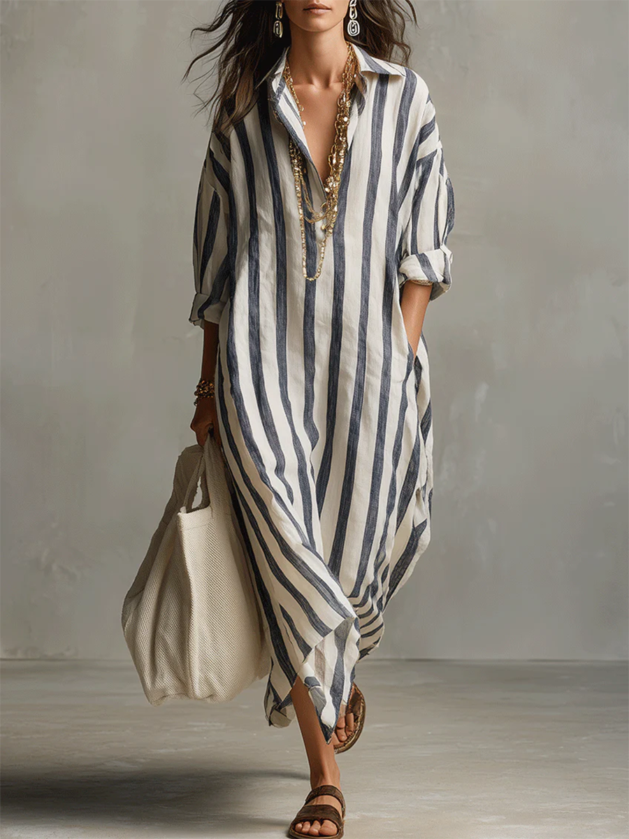 Robe rayée en lin‑coton décontractée et confortable