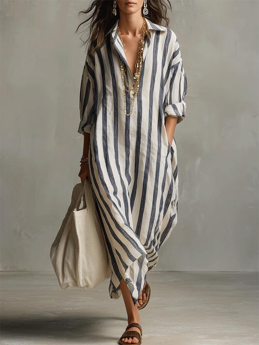 Robe rayée en lin‑coton décontractée et confortable