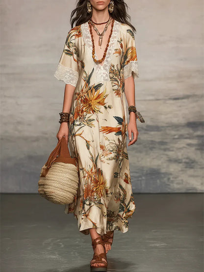 Robe décontractée et élégante à manches courtes à motif floral rétro pour femme