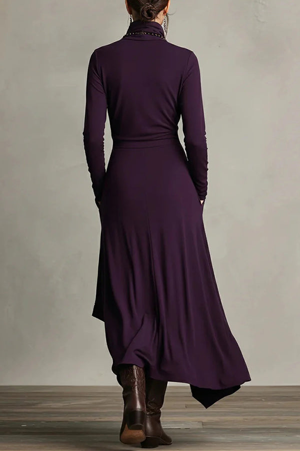 Robe maxi décontractée unie à col montant et manches longues, coupe asymétrique