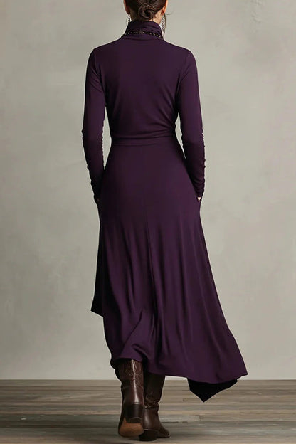 Robe maxi décontractée unie à col montant et manches longues, coupe asymétrique