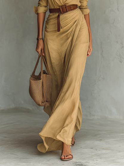 Maxi‑robe femme à revers, boutonnage simple, manches longues, fournie avec ceinture
