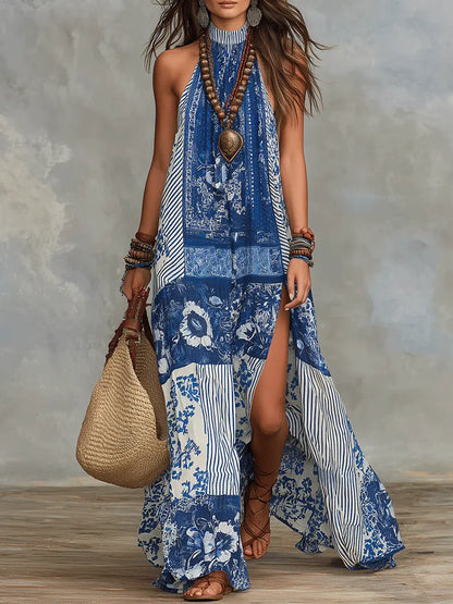 Robe longue maxi décontractée et tendance en coton pour femme, avec imprimé artistique à motifs floraux ethniques rétro