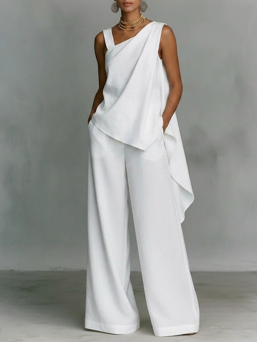 Women's Minimalist High-end Style White Asymmetrical Cotton-linen Suit